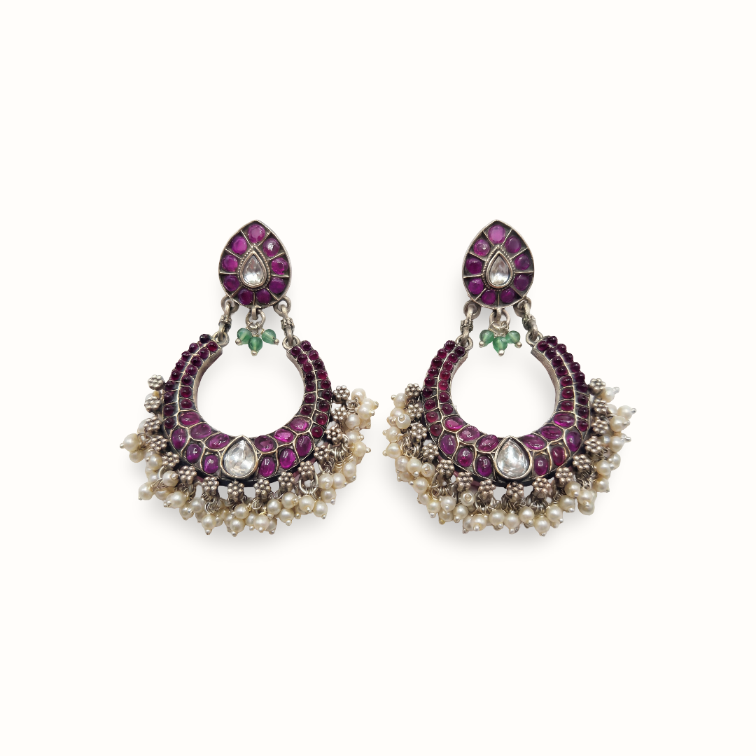 Full Bloom — Kundan Ruby Chandbali in Oxidised Silver