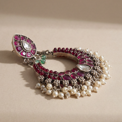Full Bloom — Kundan Ruby Chandbali in Oxidised Silver