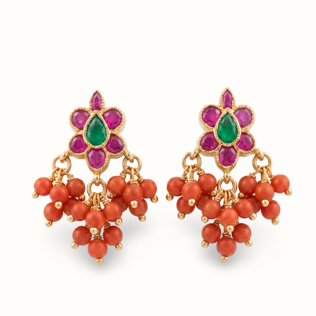 Garden Party — Ruby Emerald Flower Stud Earrings with Coral Drops in Gold Plated Silver