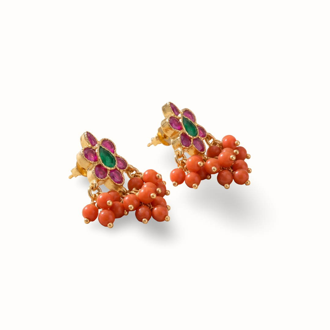 Garden Party — Ruby Emerald Flower Stud Earrings with Coral Drops in Gold Plated Silver