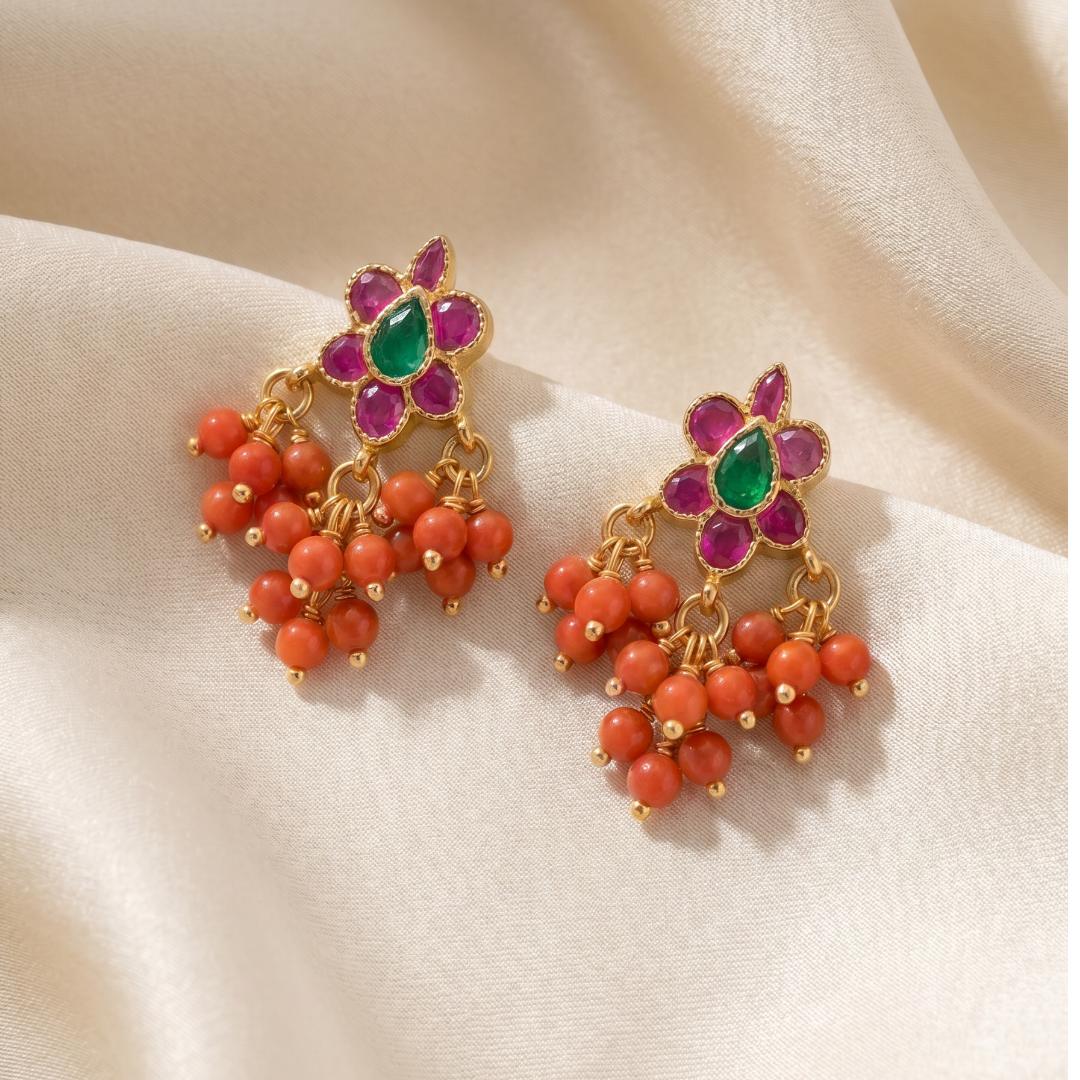 Garden Party — Ruby Emerald Flower Stud Earrings with Coral Drops in Gold Plated Silver