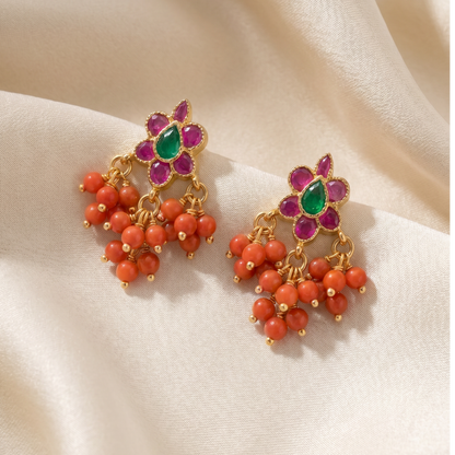 Garden Party — Ruby Emerald Flower Stud Earrings with Coral Drops in Gold Plated Silver