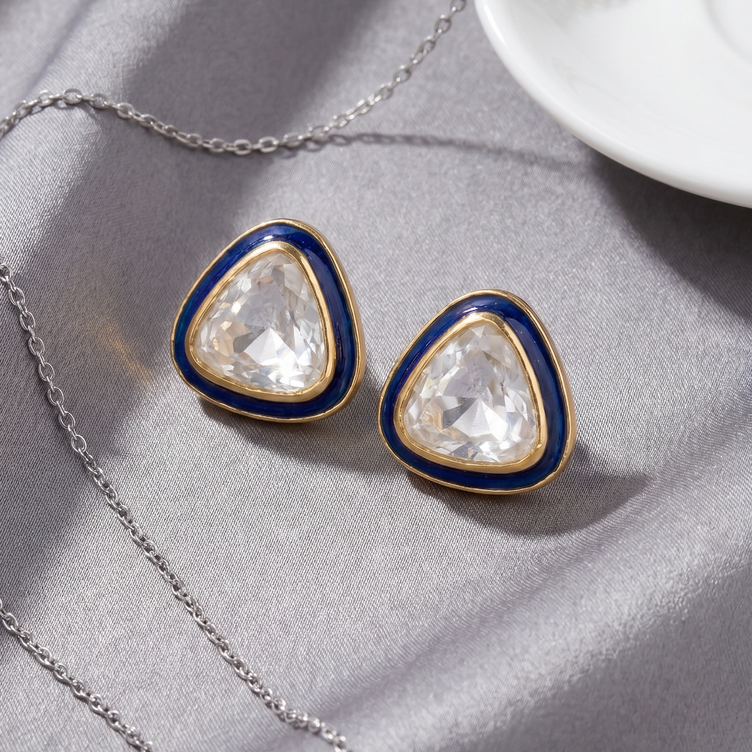 Sharp Statement — Kundan Triangle Studs in Gold Plated Silver