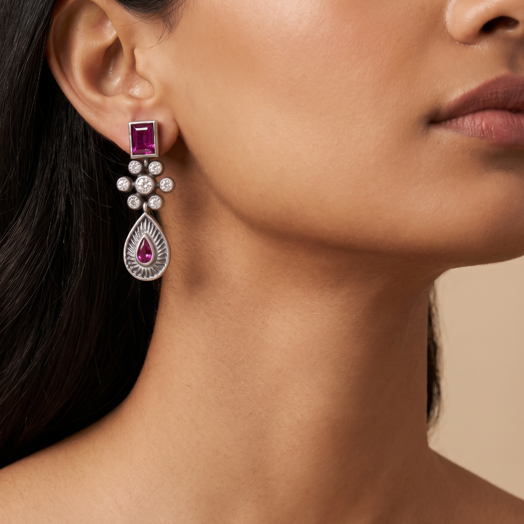 Ruby Tuesday — Baguette & Teardrop Earrings in Oxidised Silver