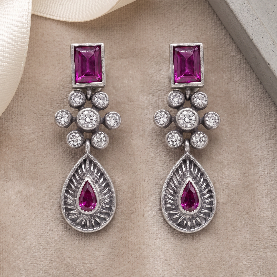 Ruby Tuesday — Baguette & Teardrop Earrings in Oxidised Silver