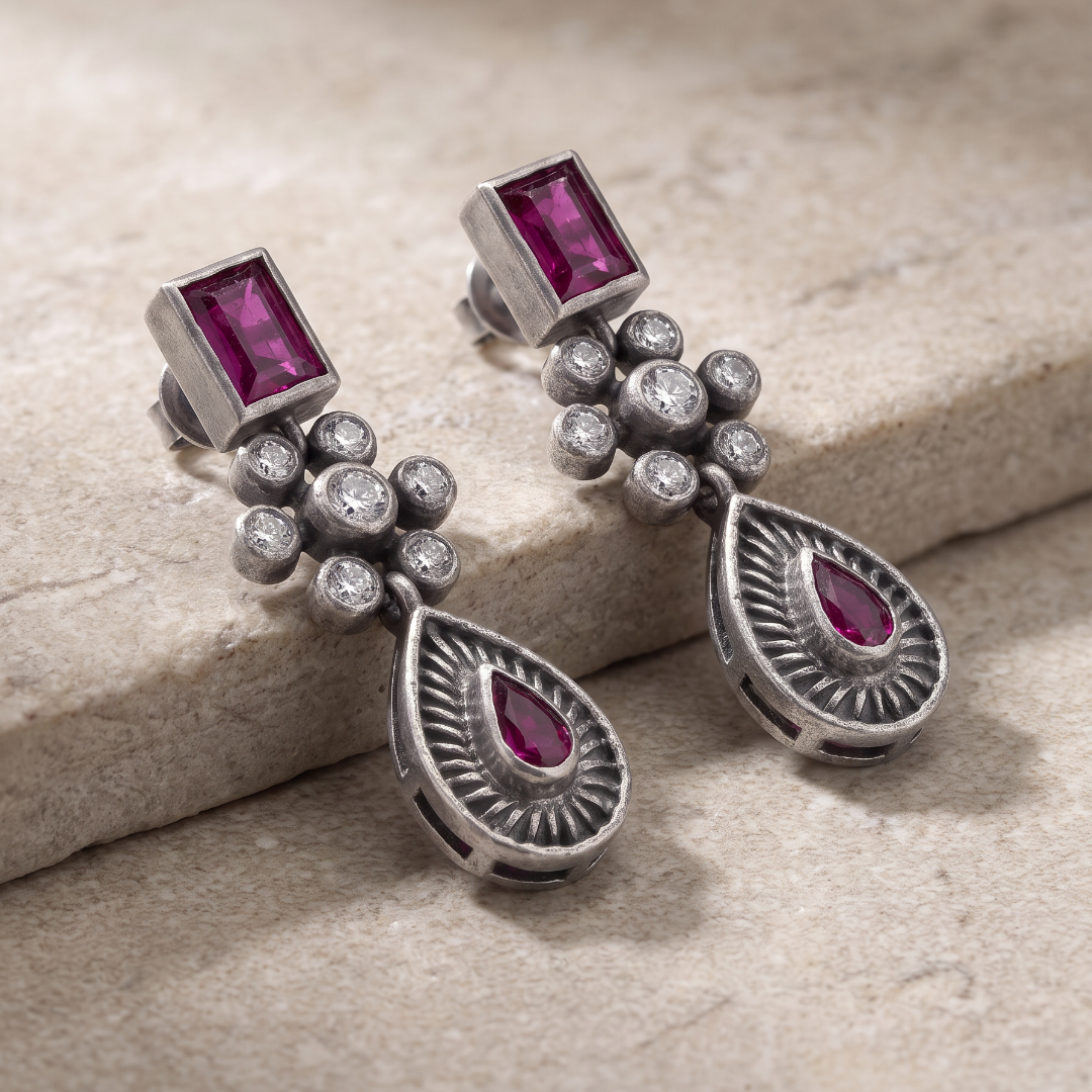 Ruby Tuesday — Baguette & Teardrop Earrings in Oxidised Silver