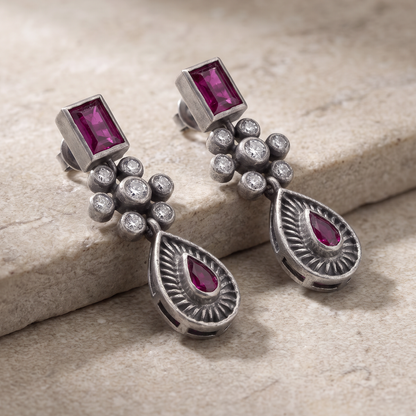 Ruby Tuesday — Baguette & Teardrop Earrings in Oxidised Silver