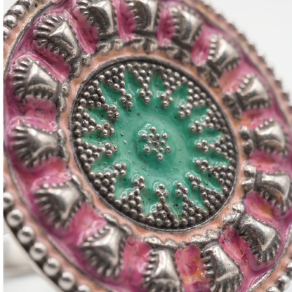 Loud and Round — Meenakari Disc Ring in Oxidised Silver