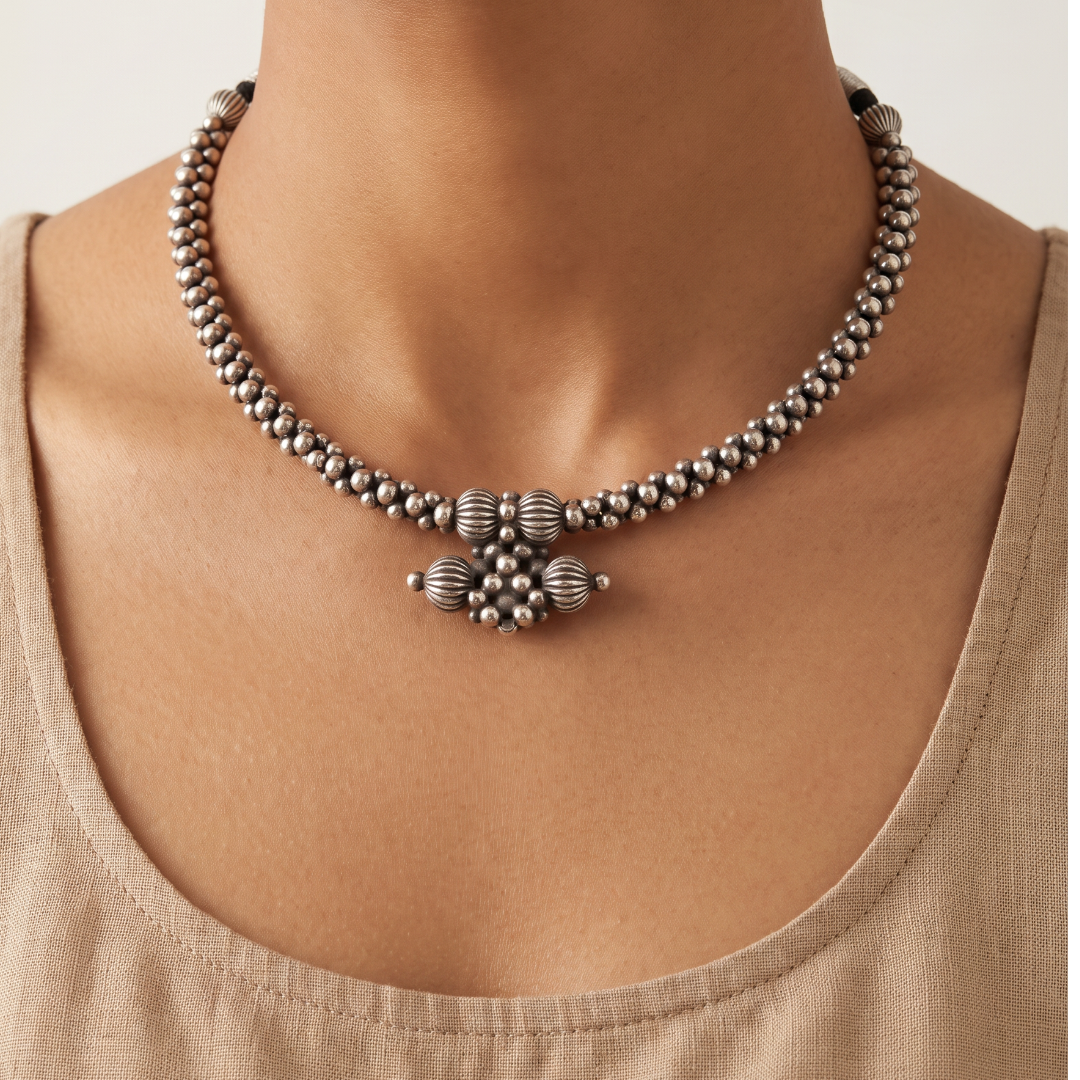 Bead It — Silver Ball Beaded Choker in Oxidised Silver