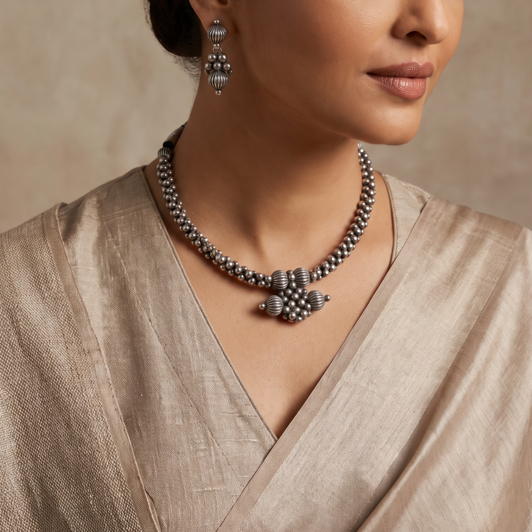 Bead It — Silver Ball Beaded Choker in Oxidised Silver