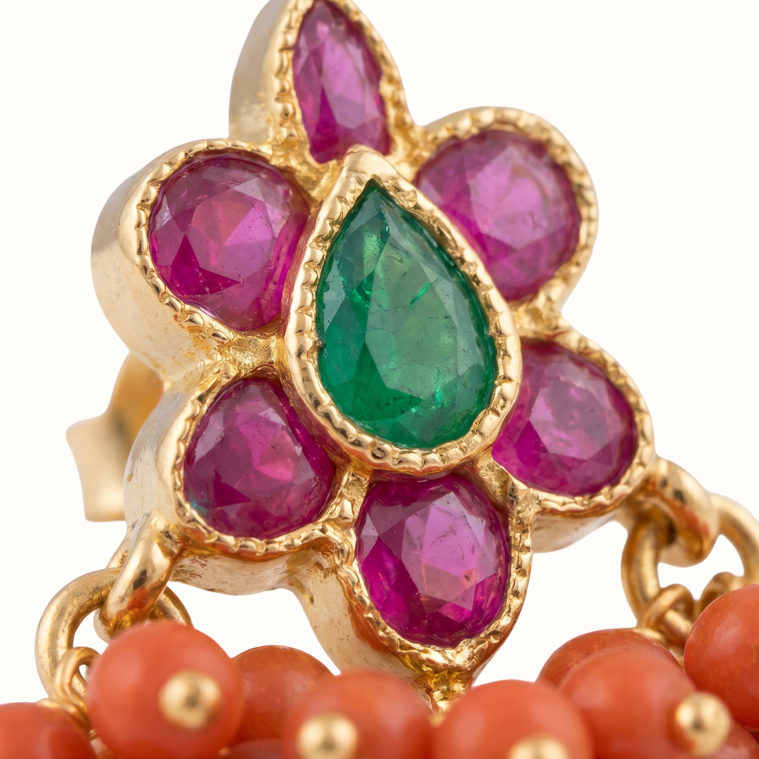 Garden Party — Ruby Emerald Flower Stud Earrings with Coral Drops in Gold Plated Silver