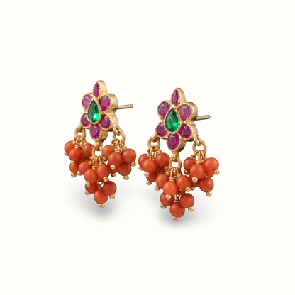 Garden Party — Ruby Emerald Flower Stud Earrings with Coral Drops in Gold Plated Silver