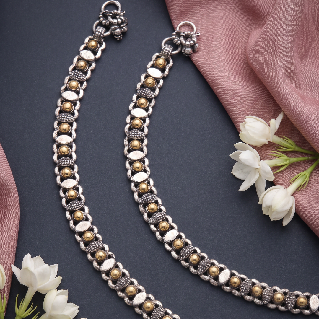 Two-Toned Trouble — Gold Bead Payal in Dual Tone Oxidised Silver