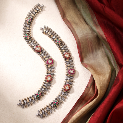 Saree Weather — Kundan Meenakari Payal in Dual Tone Silver