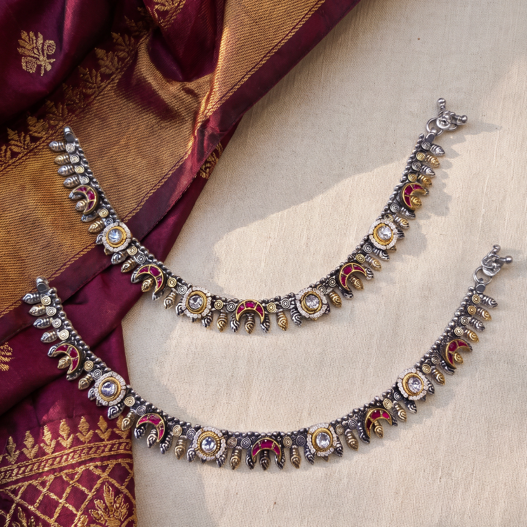 Crescent Rush — Kundan Meenakari Payal in Dual Tone Silver