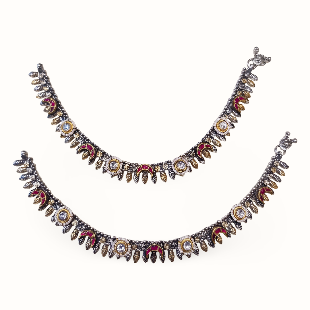 Crescent Rush — Kundan Meenakari Payal in Dual Tone Silver