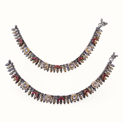 Crescent Rush — Kundan Meenakari Payal in Dual Tone Silver
