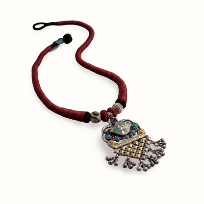 Red Thread Moment — Kundan Meenakari Pendant Necklace in Oxidised Silver
